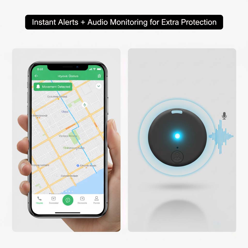 Detail: Smartphone mit Bewegungsalarm und Tracker mit blauer Mitte und Schallwellen