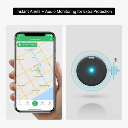 Detail: Smartphone mit Bewegungsalarm und Tracker mit blauer Mitte und Schallwellen