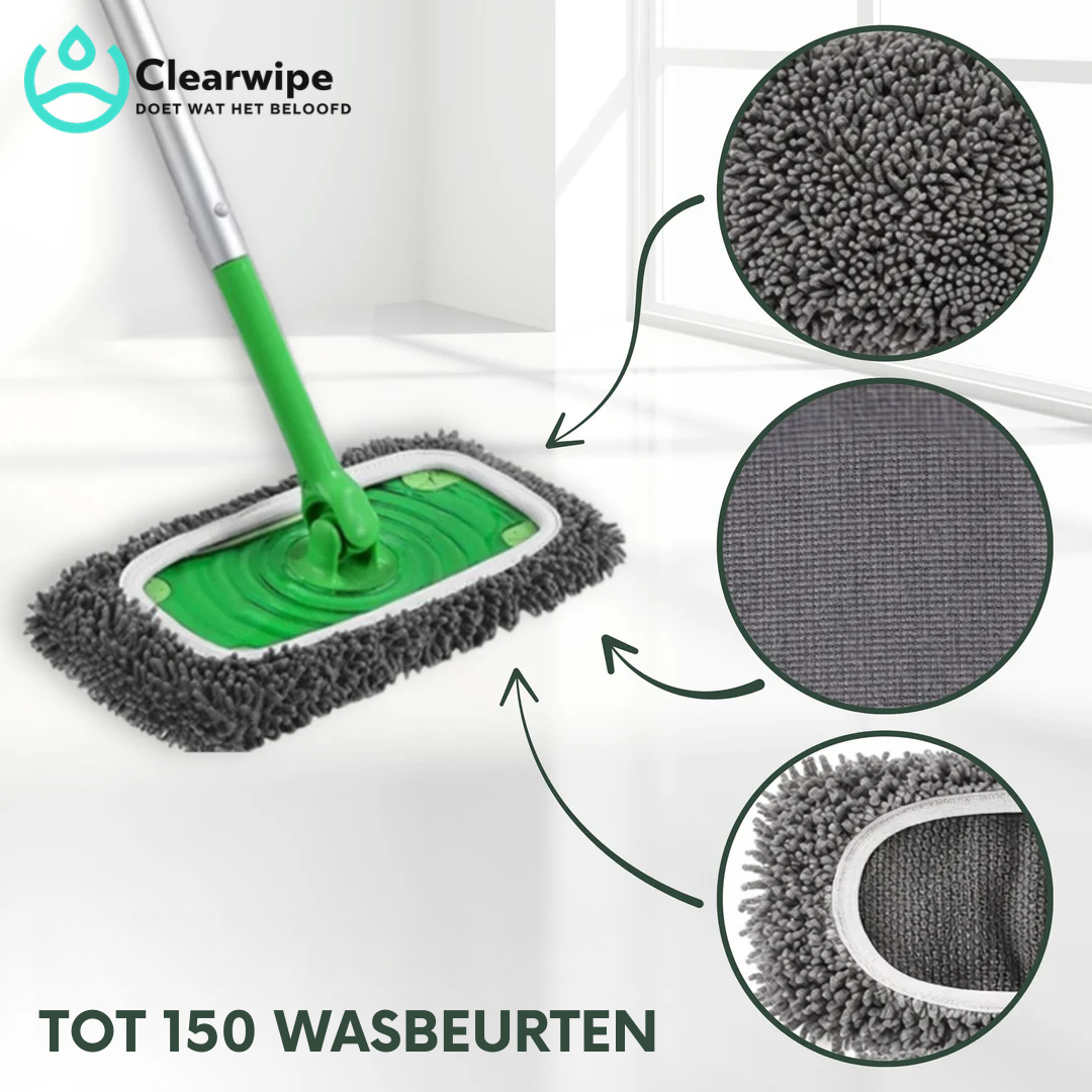 Wischer mit grauem Mikrofaserbezug und drei Detailausschnitten mit Zotteln, Gewebe und weißem Rand.