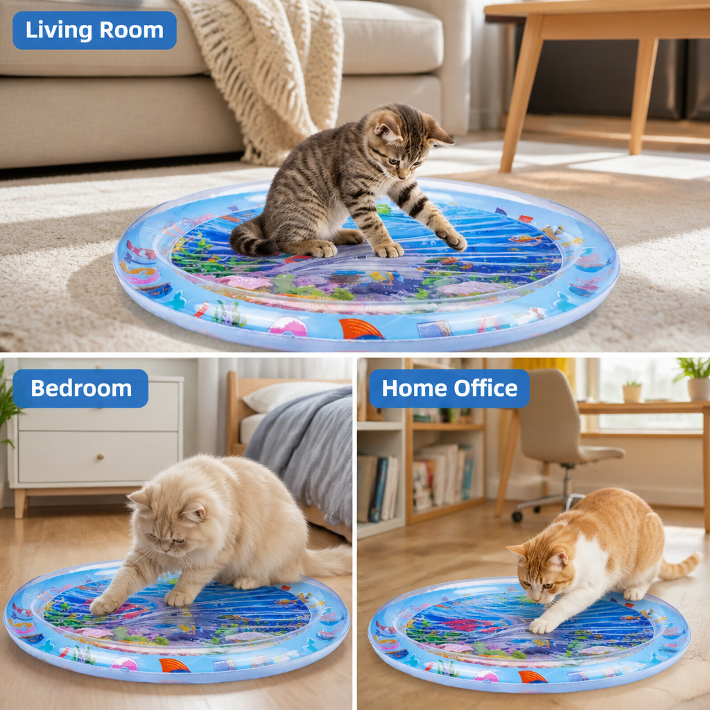 Drei Wohnräume mit Katzen auf der runden blauen Wassermatte