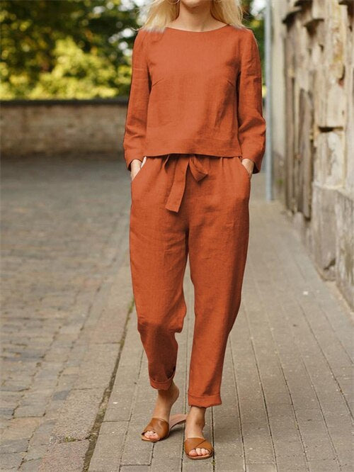 Zweiteiliges Damen Herbst-Outfit mit Rundhals-Shirt & Hose mit Gummibund – Nia