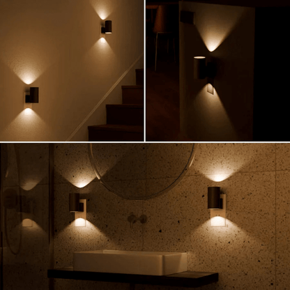 Drei Szenen im Dunkeln: Steckleuchten beleuchten Treppe, Flur und Badezimmer mit Waschbecken warm 3