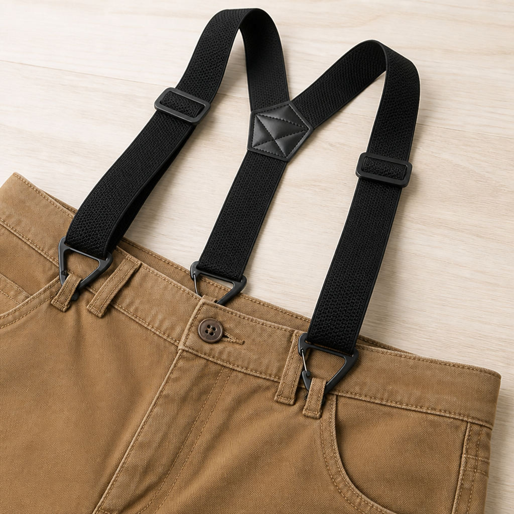 Schwarze X-Hosenträger mit Dreiecks-Metallclips an den Bundlaschen einer braunen Hose, von oben auf Holz fotografiert. 4