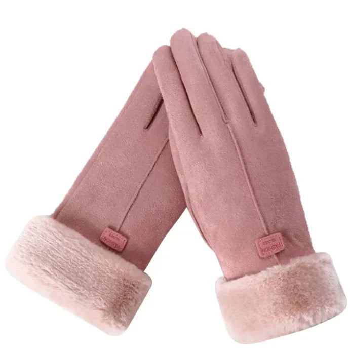Rosa Damenhandschuhe aus Wildleder mit Kunstfellfutter, warm und stilvoll.