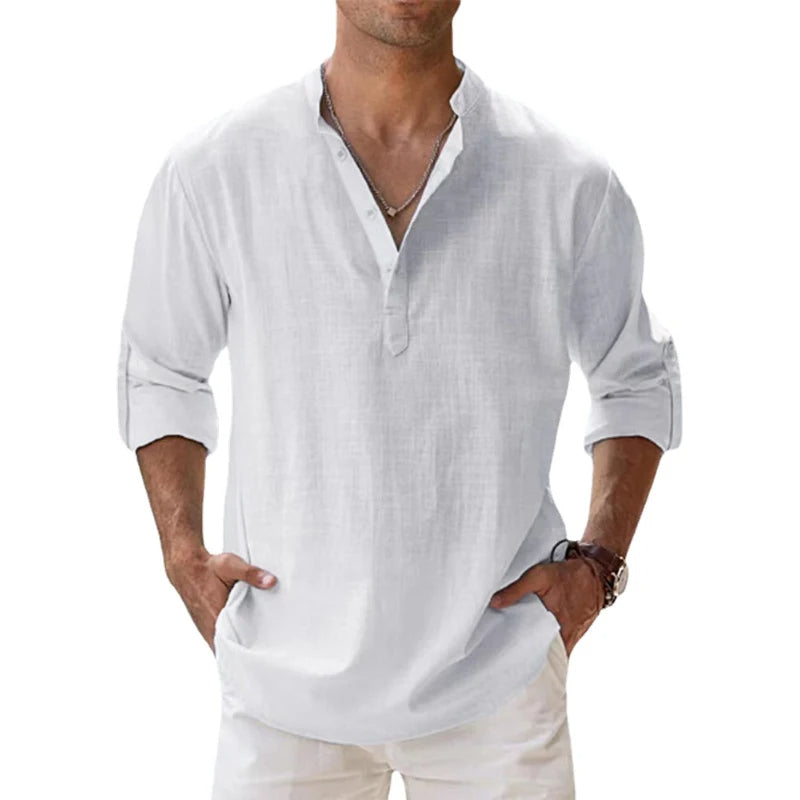 Herren-Leinen-Henley-Shirt in Weiß, Detail mit Knopfleiste