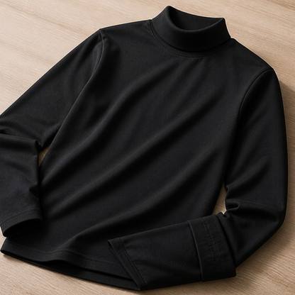 Herren Slim Fit Langarmshirt mit umklappbarem hohem Kragen in Schwarz, flach ausgelegt