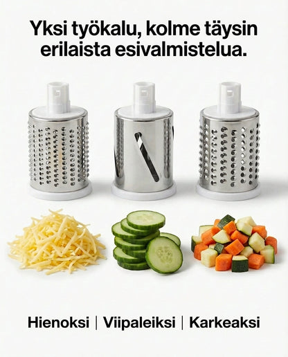 Drei Edelstahl-Trommeln nebeneinander mit Käseraspel, Gurkenscheiben und Möhren-Zucchini-Würfeln.