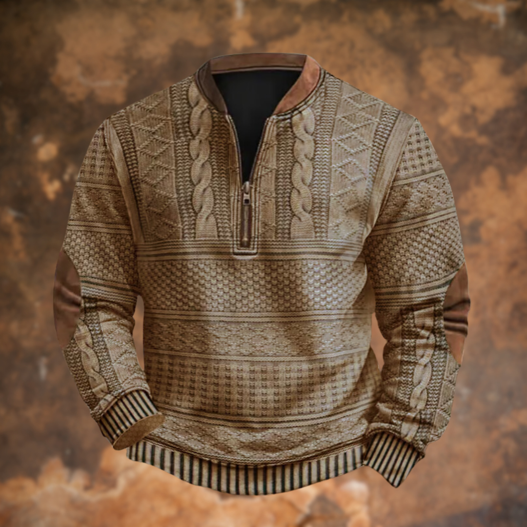 Herren-Strickpullover in Beige mit Strukturmuster, Halbreißverschluss und Ellbogenpatches an den Ärmeln