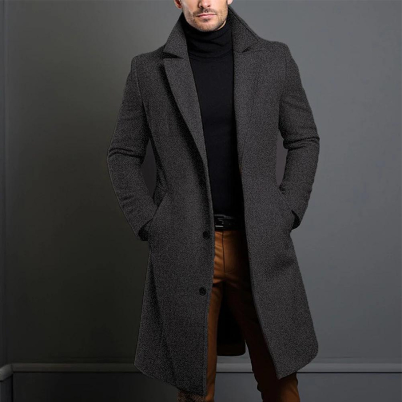 Brauner Herren-Wollmantel aus Wolle mit langer Form, Frontansicht