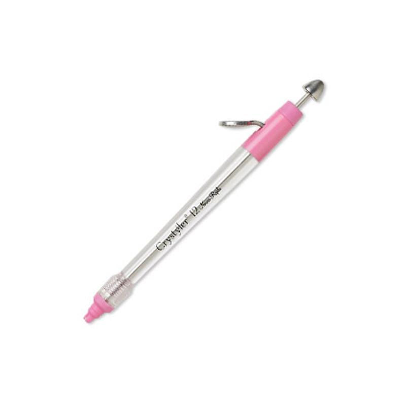 Einzelner Applikatorstift mit durchsichtigem Schaft, rosa Griffstücken, Metallclip und Kuppelkopf auf weißem Hintergrund 11