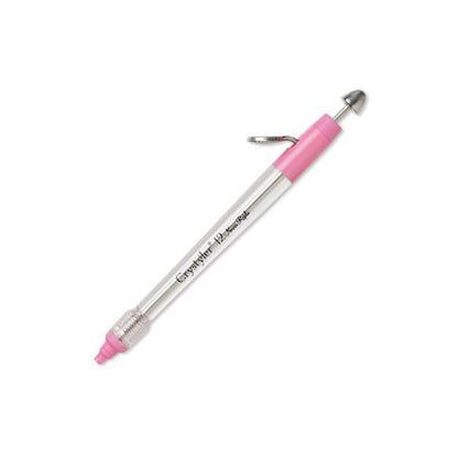 Einzelner Applikatorstift mit durchsichtigem Schaft, rosa Griffstücken, Metallclip und Kuppelkopf auf weißem Hintergrund 11
