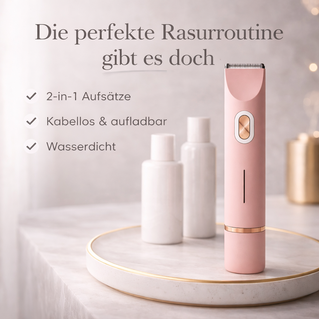 Rosa Trimmer steht aufrecht auf einem marmorierten Tablett mit goldenem Rand, dahinter weiße Flaschen, daneben eine Liste der Funktionen.