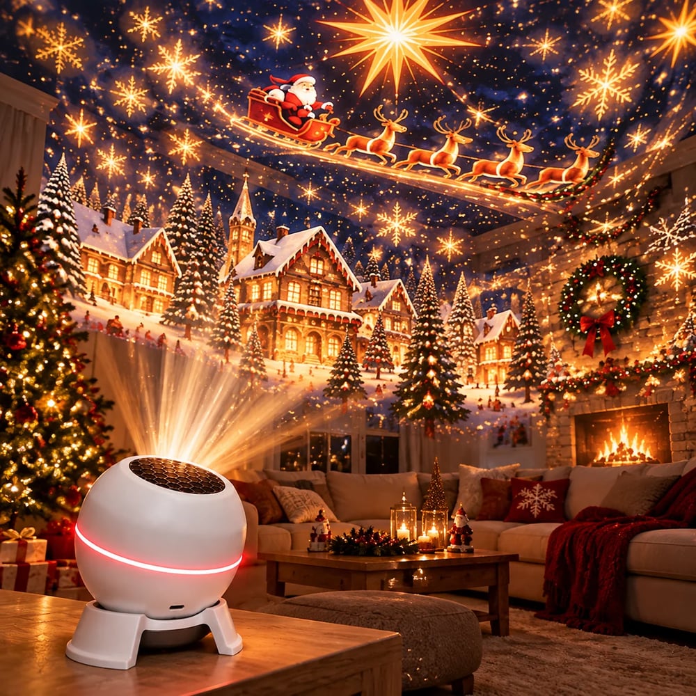 Projektor auf einem Holztisch erzeugt im Wohnzimmer ein leuchtendes Weihnachtsmotiv aus Dorf, Schlitten und Schneeflocken an 5