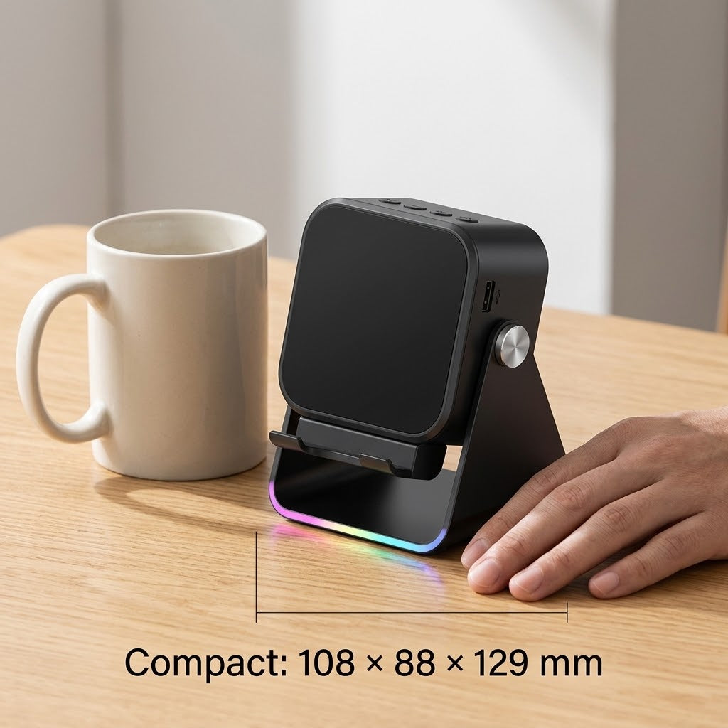 Schwarzer Ständer mit farbig leuchtendem Fuß auf einem Holztisch neben einer Tasse, eine Hand daneben 2