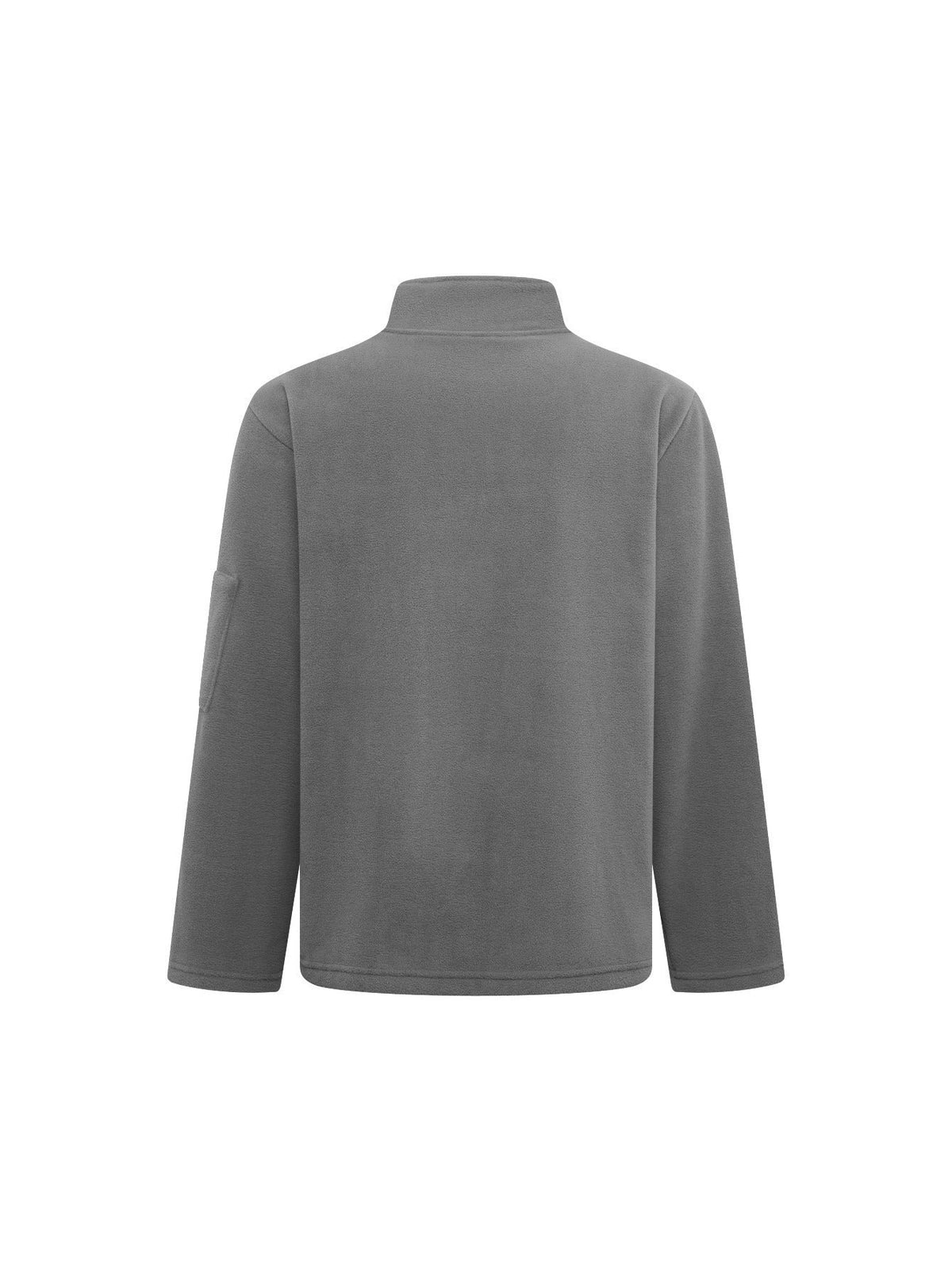 Mittelgraue Fleecejacke von hinten mit Stehkragen, glattem Rücken und Ärmeltasche links im Bild 11