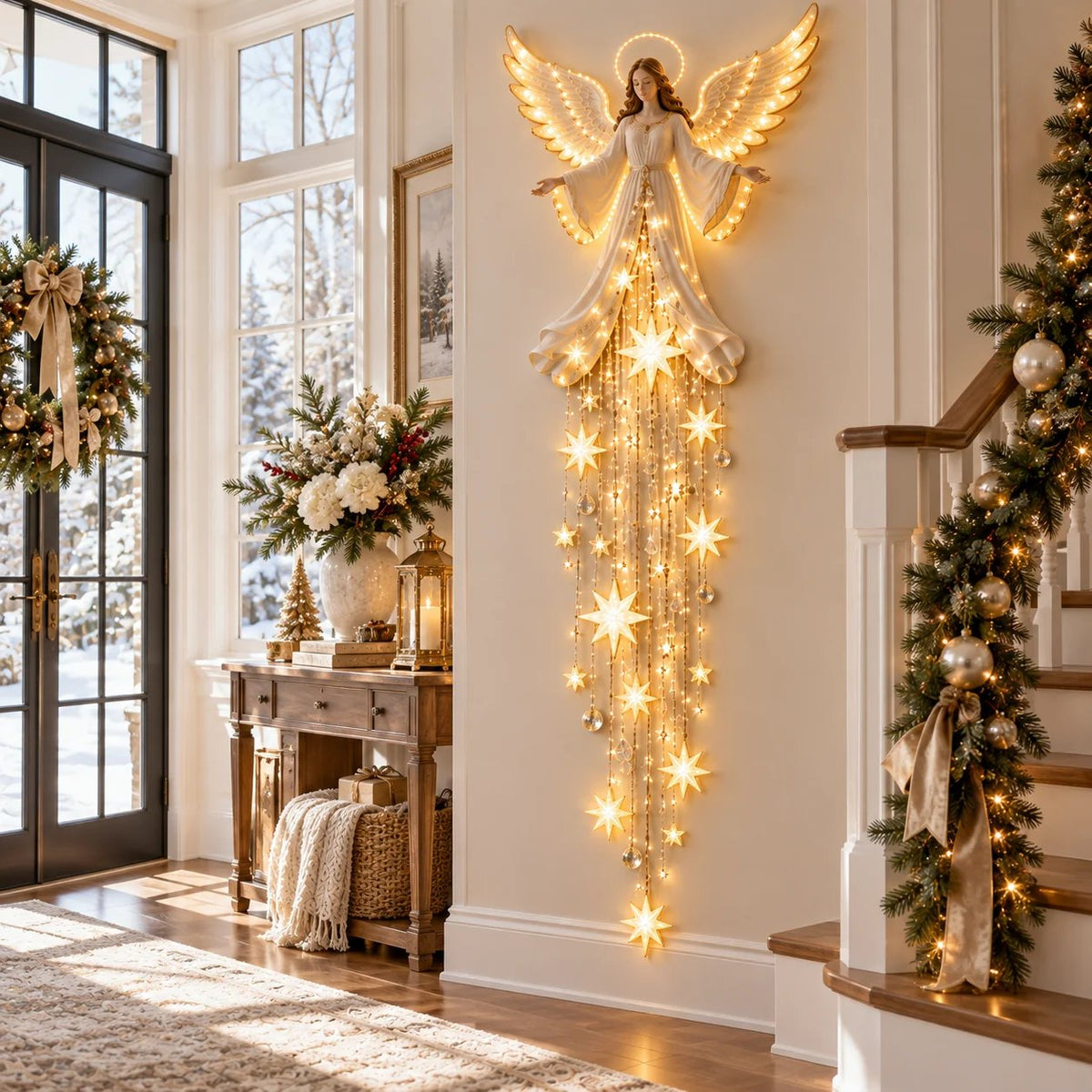 Engel-Wandlampe in Gold und Weiß in einem hellen Eingangsbereich