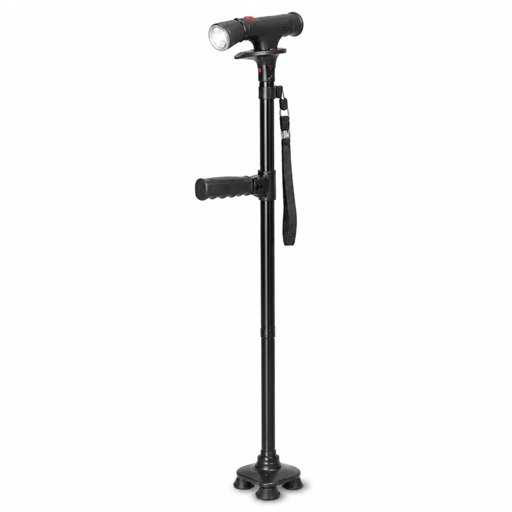 Schwarzer Gehstock schräg von vorn mit LED-Lampe, Haltegriff, Handschlaufe und vierfüßiger Standfläche auf weißem Hintergrund.