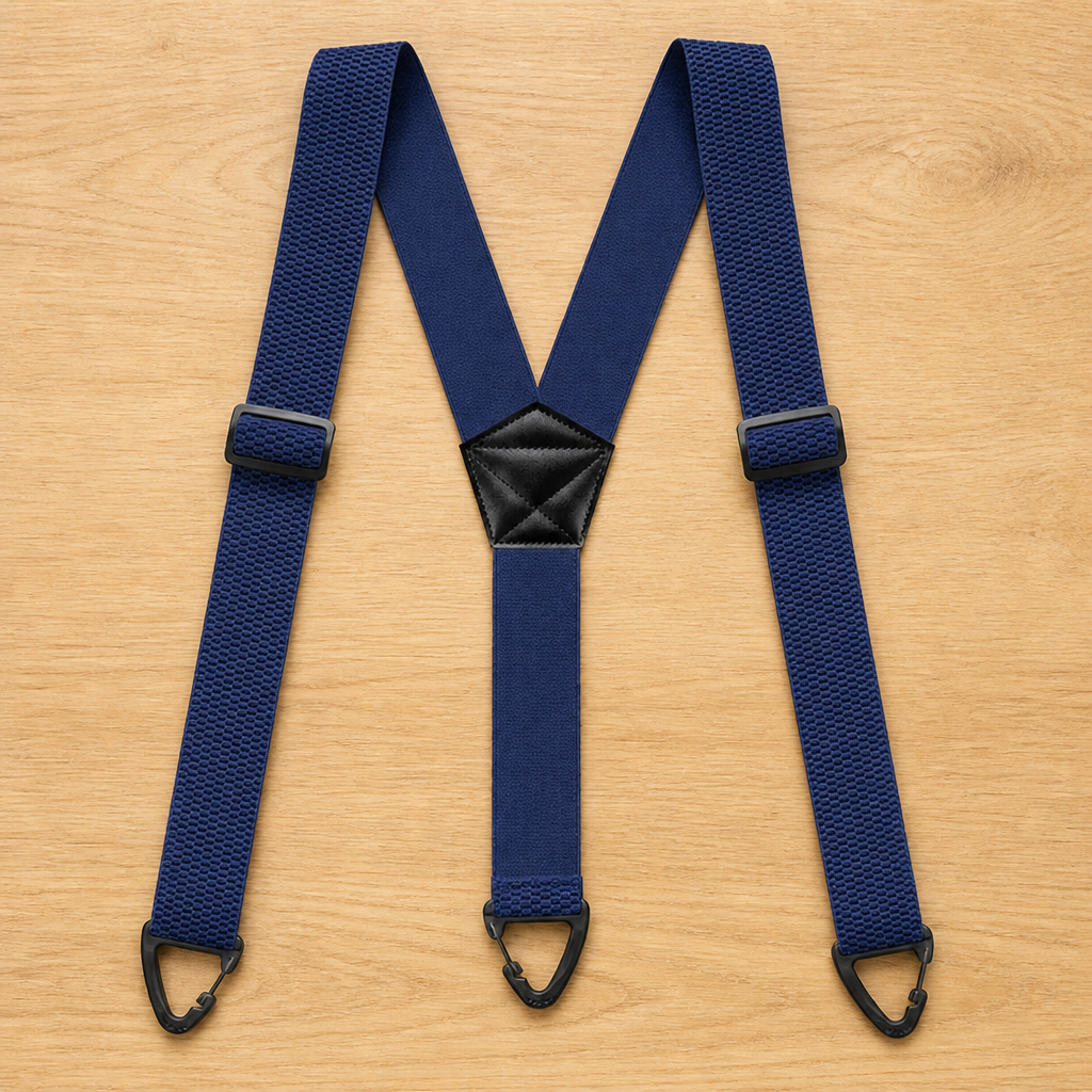 Marineblaue Y-Hosenträger mit strukturiertem Gurtband, schwarzem Lederkreuz und drei Clips auf einem Holztisch. 11