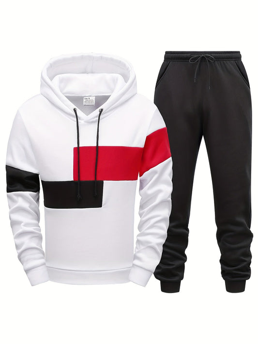 Weiße Kapuzenjacke mit roten und schwarzen Streifen, schwarze Jogginghose, Herren-Sportbekleidung.