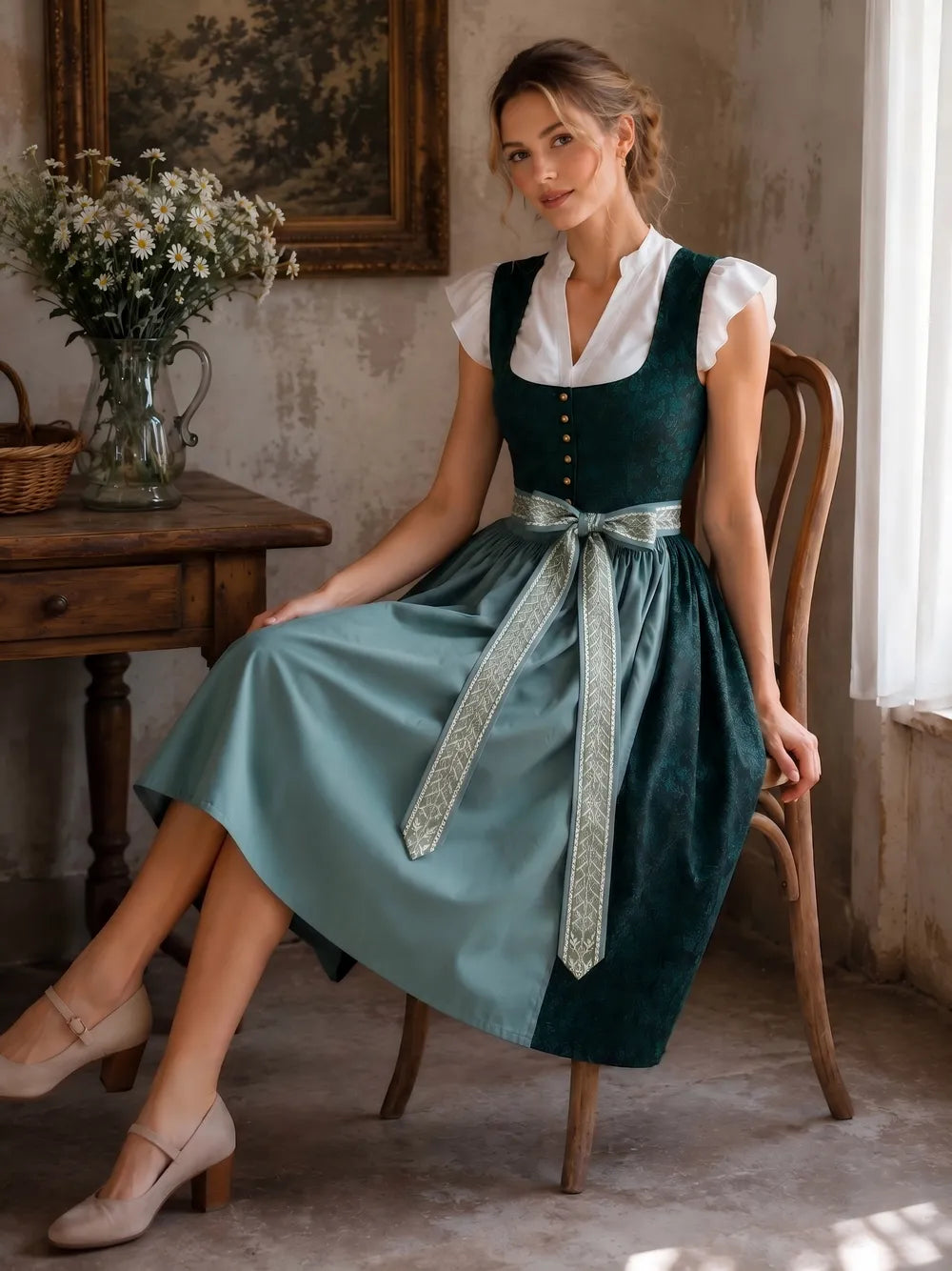 Dirndl mit hellblauer Schürze und gemustertem Band in einem rustikalen Raum.