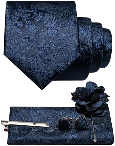 Set im Paisleymuster in Marineblau mit Krawatte, Einstecktuch, Manschettenknöpfen, Krawattenclip und Blumenbrosche mit Nadel. 6