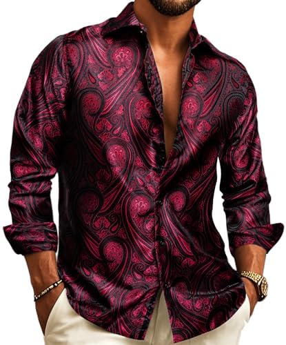 Herren-Langarmhemd mit rot-schwarzem Paisleymuster, detail.