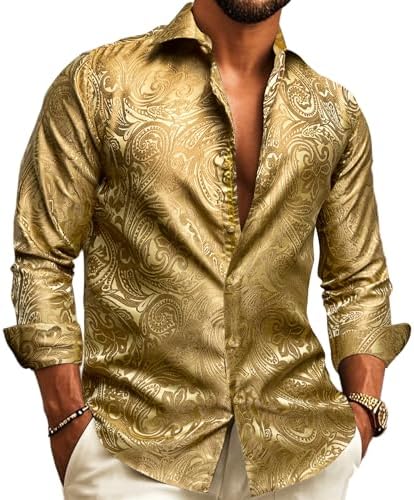 Goldfarbenes Herren-Paisley-Jacquardhemd mit glänzendem Stoff, detail.