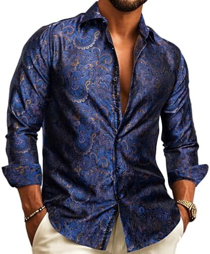 Herren-Hemd mit blau-goldenem Paisley-Jacquardmuster, detail.