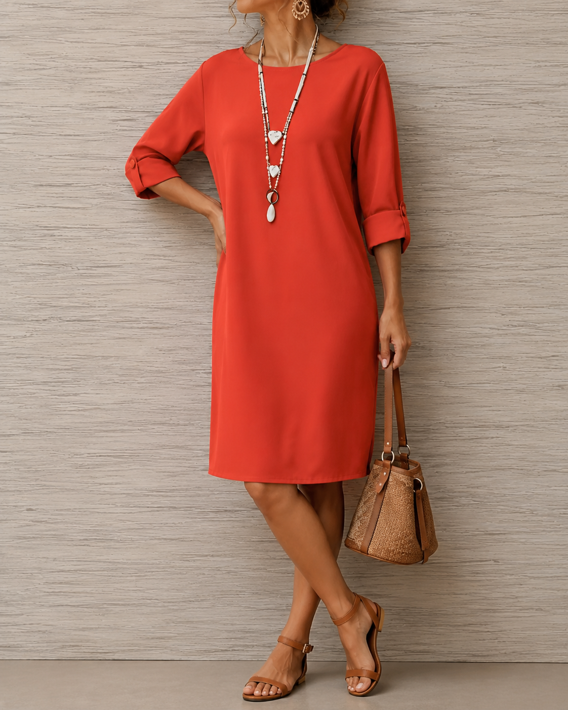 Rotes Kleid mit Knopfdetail an den hochgekrempelten Ärmeln, Hand in der Hüfte, dazu Korbtasche und Sandalen 4