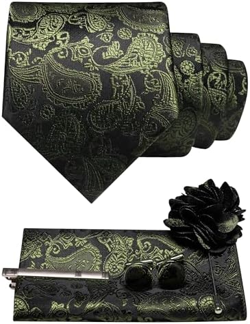 Set in Olivgrün auf Schwarz mit Krawatte, Einstecktuch, Manschettenknöpfen, Krawattenclip und Blütenbrosche im Paisleymuster. 24