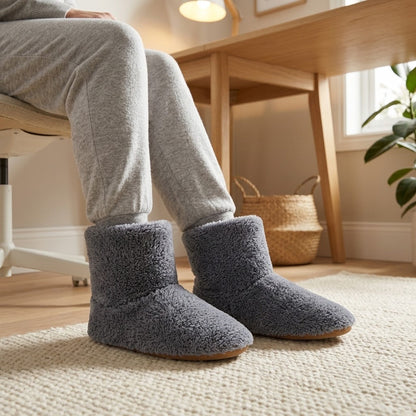 Graue flauschige Hausschuh-Stiefel an den Füßen einer sitzenden Person in grauer Jogginghose am Schreibtisch auf einem Teppich. 1