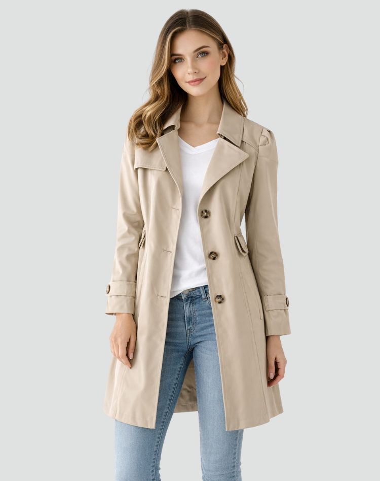 Frontansicht in Beige: Model im offen getragenen Trenchcoat mit Revers und Ärmelriegeln, dazu weißes Shirt und Jeans. 2