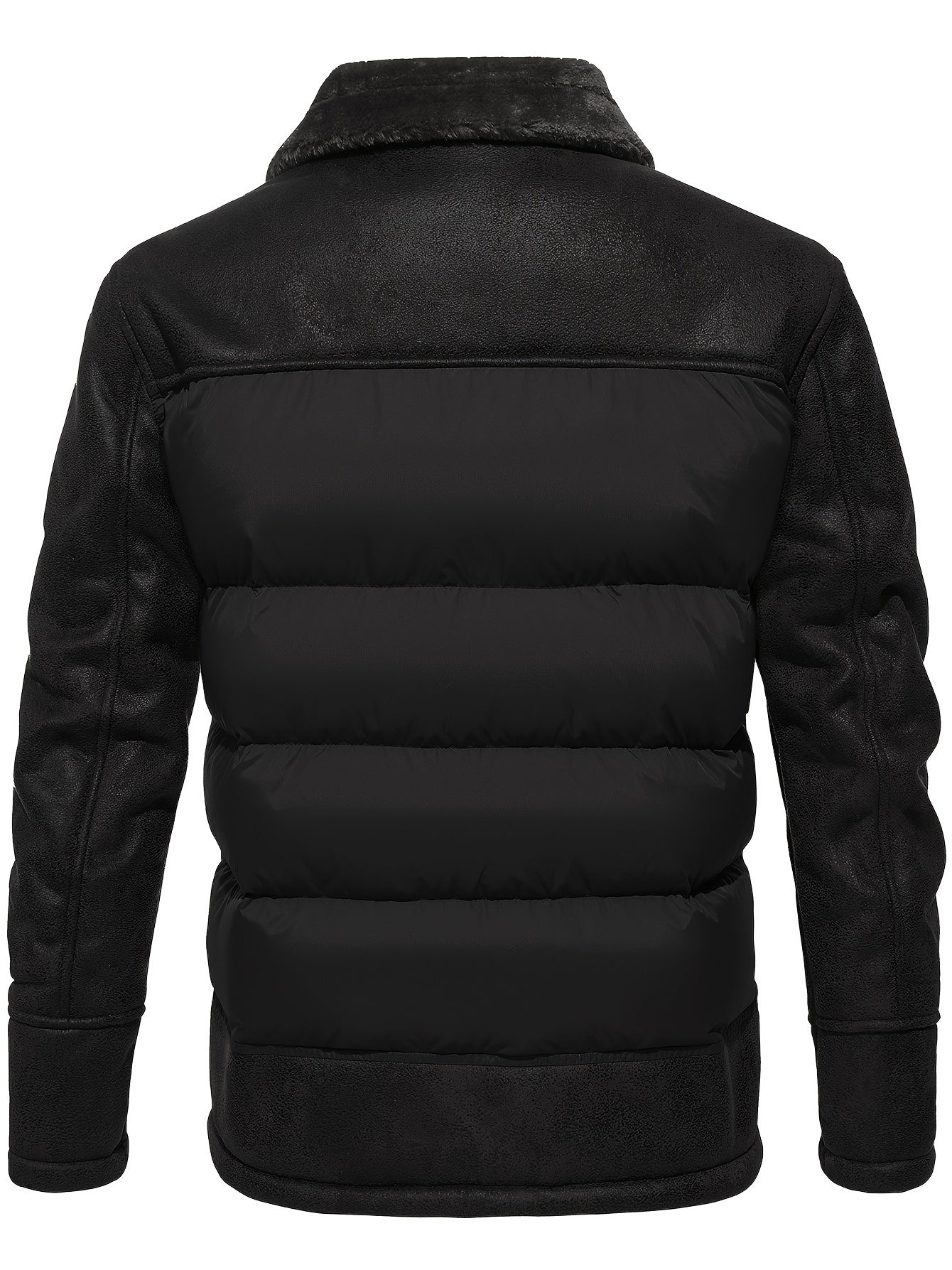 Schwarze Herrenjacke, Lederoptik, Stehkragen, Wintermode, warm gefüttert, Rückansicht.