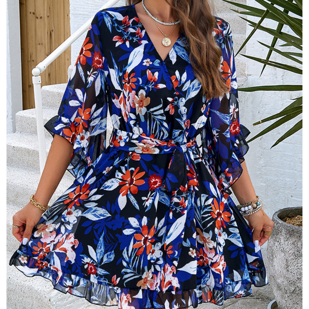 Herbstliches Minikleid mit Blumenmuster & Glockenärmeln – Liora
