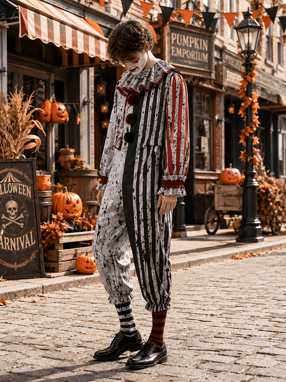 Seitliche Ansicht des Clown-Overalls mit rot gestreiftem Ärmel, Rüschenmanschetten, Bommeln und weiten Beinabschlüssen, getragen mit gestreiften Socken und schw 2