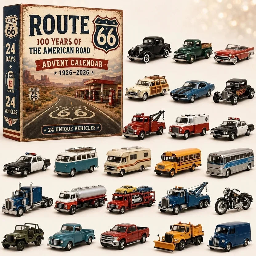 Schachtel mit Straßen- und Tankstellen-Motiv, daneben 24 Miniaturen von Oldtimern, Lkw, Bussen und einem Motorrad 15