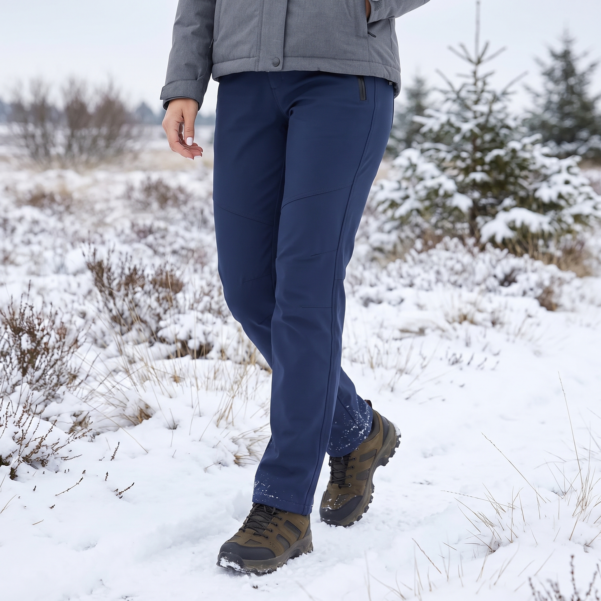 Frau in marineblauer Hose und grauer Jacke beim Spaziergang durch eine verschneite Heidelandschaft 1