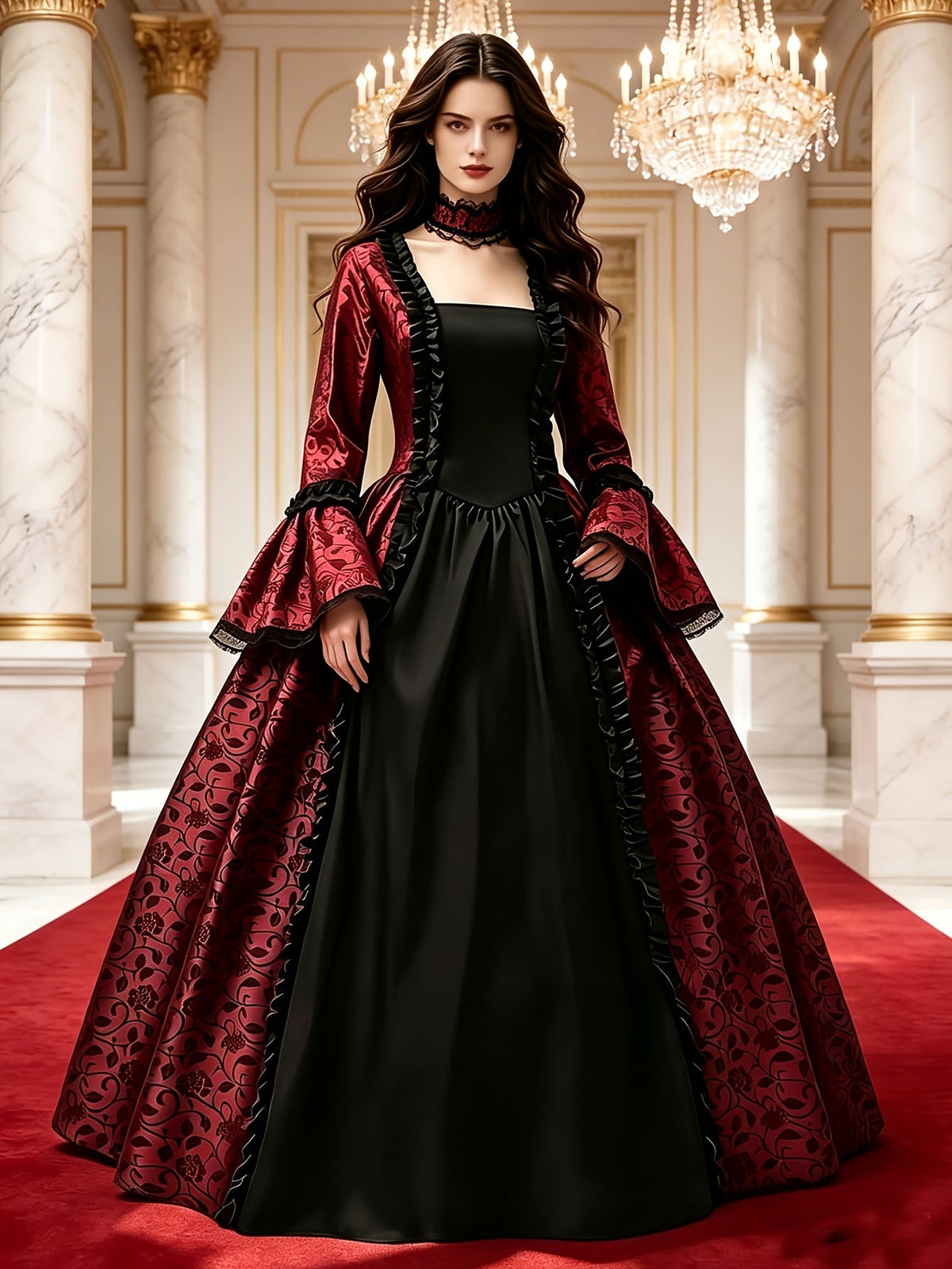 Frau trägt das rot-schwarze Kleid mit Rüschen, Spitzenkragen und Glockenärmeln in einer Halle mit Kronleuchtern und rotem Teppich. 9