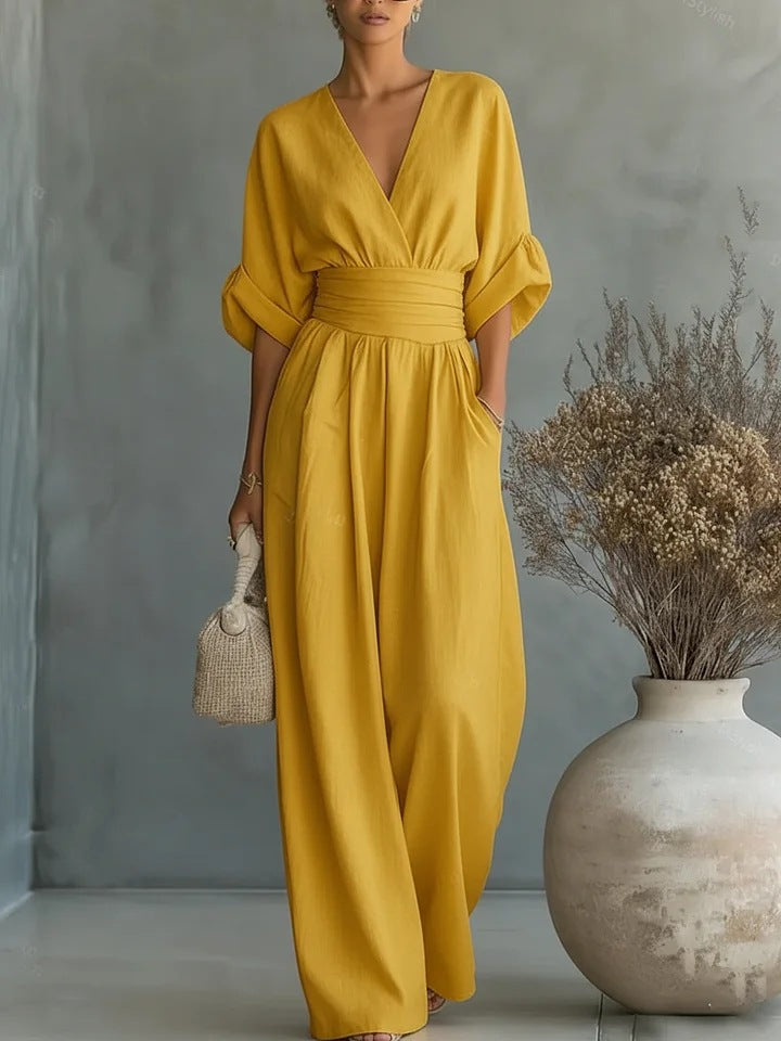 Senfgelber Damen-Jumpsuit mit gerafftem Taillenband und weiten Beinen, another view