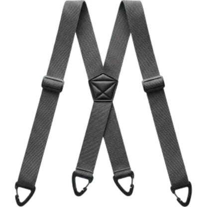 Graue Hosenträger in X-Form mit feiner Struktur, schwarzem Mittelstück und vier Klammern 7
