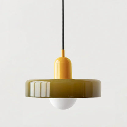 Bauhaus Buntglas-Pendelleuchte mit glänzendem olivgrünem Glasschirm und gelber Kappe