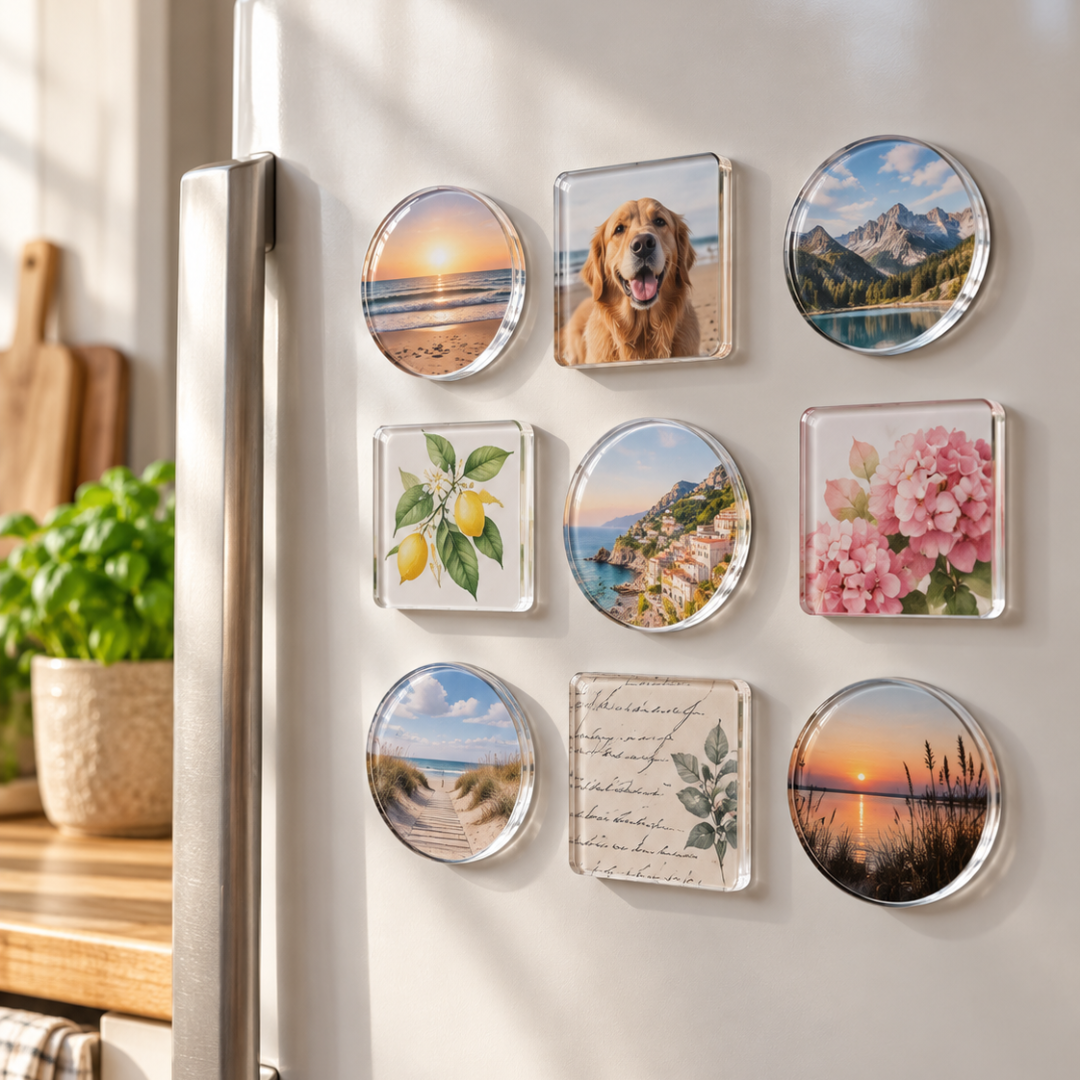 Runde und quadratische Acrylmagnete mit Strand-, Berg-, Hunde- und Blumenmotiven an einer Kühlschranktür 2
