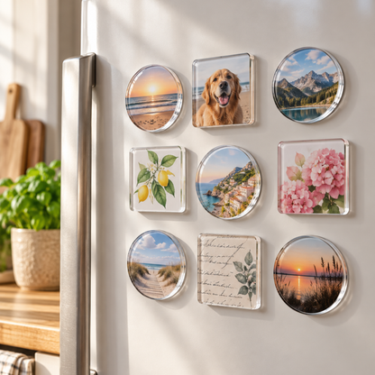 Runde und quadratische Acrylmagnete mit Strand-, Berg-, Hunde- und Blumenmotiven an einer Kühlschranktür 2