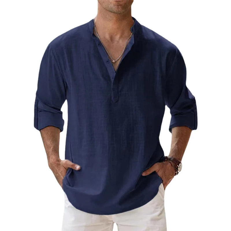 Herren-Leinen-Henley-Shirt in Dunkelblau, Detail mit Stehkragen