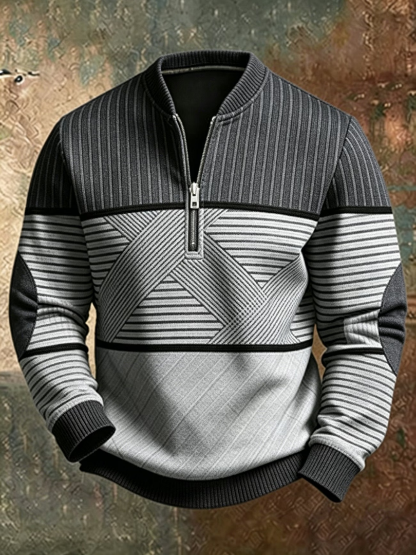 Herren gestreifter Pullover mit Halbreißverschluss in Dunkelgrau und Hellgrau, detail