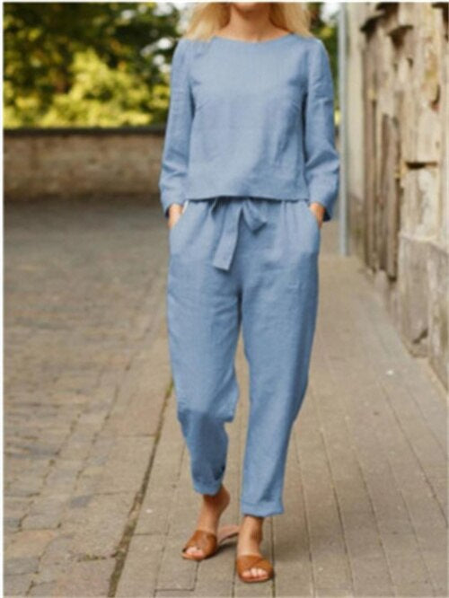 Zweiteiliges Damen Herbst-Outfit mit Rundhals-Shirt & Hose mit Gummibund – Nia