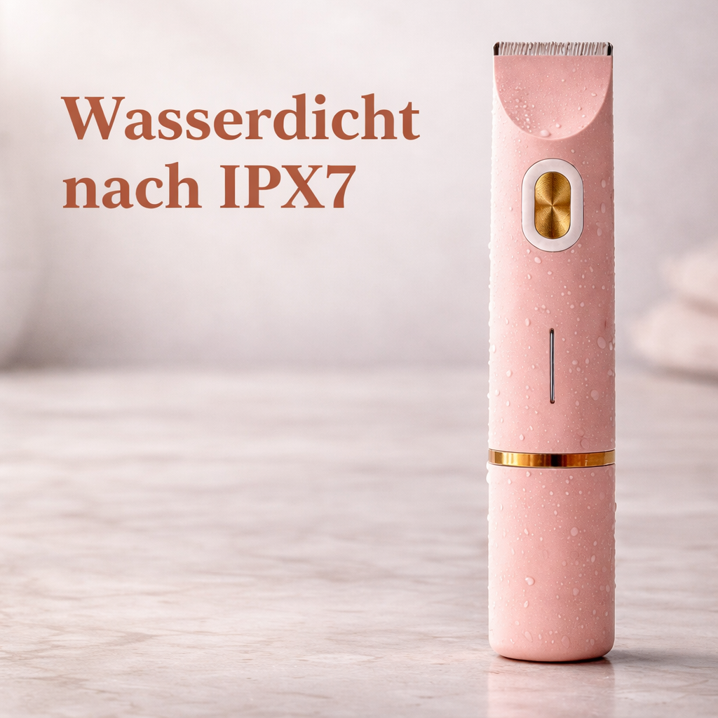 Rosa Trimmer mit Wassertropfen auf der Oberfläche steht auf einer Marmorplatte und zeigt die Wasserdichtigkeit.