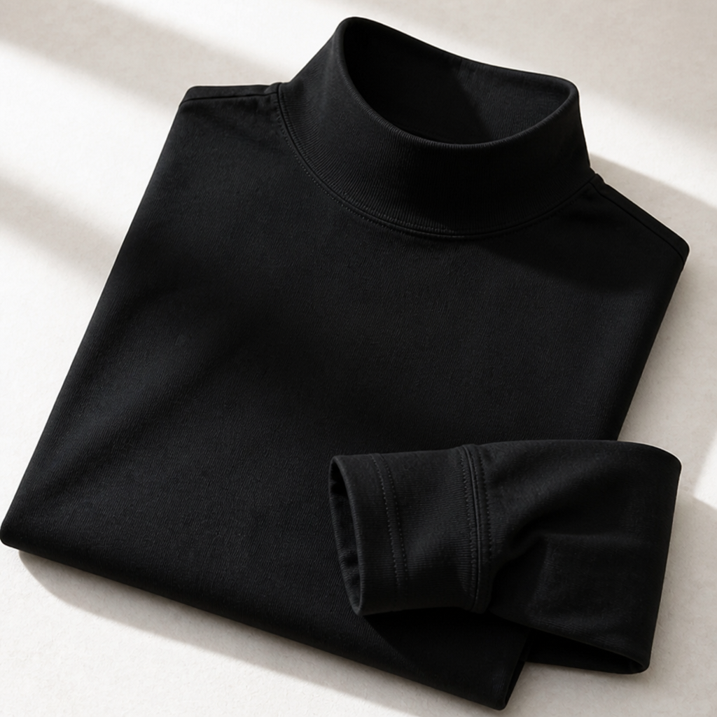 Herren Slim Fit Langarmshirt mit umklappbarem hohem Kragen in Schwarz, gefaltet