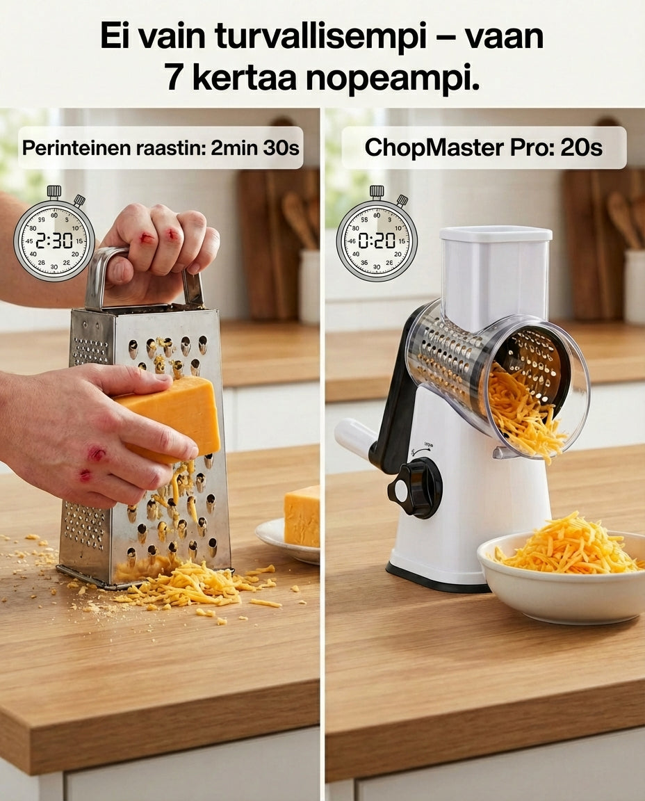 Vergleich beim Käsereiben: links eine Hand an der Vierkantreibe, rechts der Rotationsschneider, der Käse in eine Schüssel reibt.