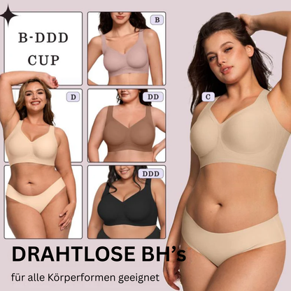 Collage von Models mit dem drahtlosen BH in Beige, Braun, Rosa und Schwarz für Cups B bis DDD 14